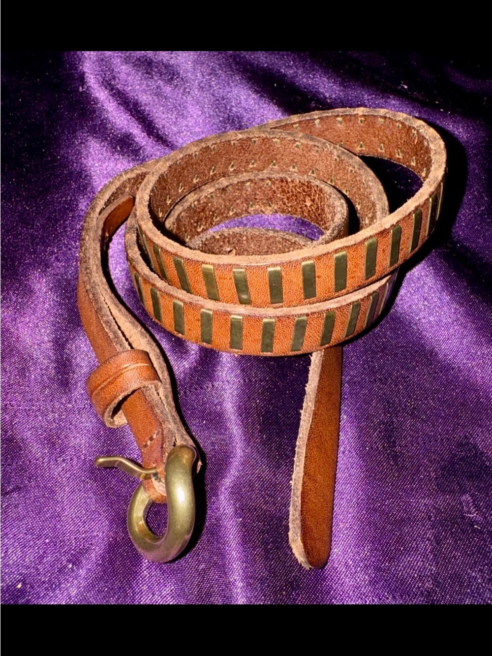 Vintage Eddie Bauer Brown Leather Skinny Belt Metal Bar Accent XL
